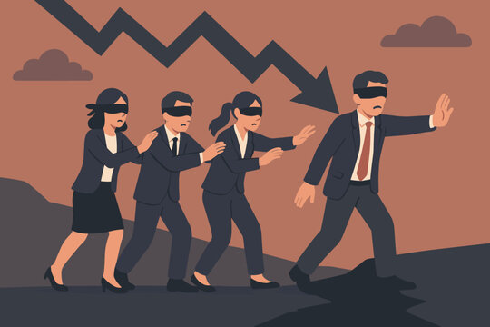 Concept of bad leadership and blindly following. Blindfolded businesspeople walk off a cliff. Metaphor for crisis, failure, mistake, struggle, risk and hopeless direction.
