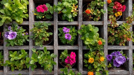 Naklejka premium Colorful flower pots arranged in a rustic wooden grid, showcasing vibrant blooms and lush greenery in a beautiful garden setting.