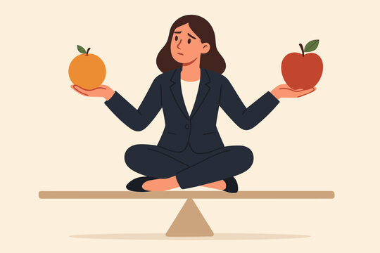 Comparison concept, businesswoman making a choice. Weighing apple and orange on a balance scale. Decision to choose between alternative options. Doubt and thoughtful compare.