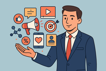 Digital marketing manager, social media strategy, online advertising campaign, branding communication, target audience, business promotion, content creation, businessman illustration