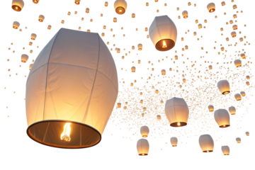 Floating sky lanterns glowing in night sky, symbolizing wishes on AI generated by PNG
