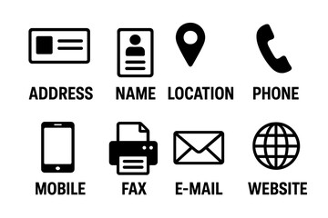 Contact us icons set. Business card and website information symbols. Vector collection of simple flat glyphs for address, phone, mobile, email, location, fax and web page.