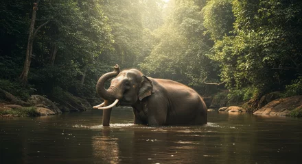 Poster de jardin  Majestic Elephant Bathing in a Tranquil Jungle River  © 9BEi