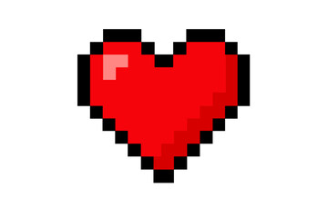Pixel heart icon. 8-bit love symbol. Video game life health bar element. Retro digital art. Valentine's day romance sign. Red pixelated graphic. Vintage gaming design.