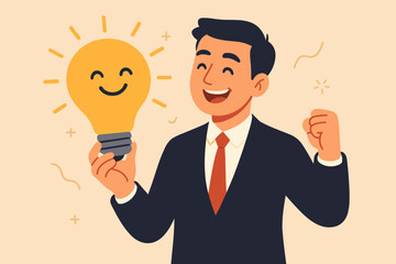 Positive thinking optimistic mindset success at work concept. Happy businessman in suit holding smiling lightbulb symbolizing creative idea, motivation, problem solving, achievement