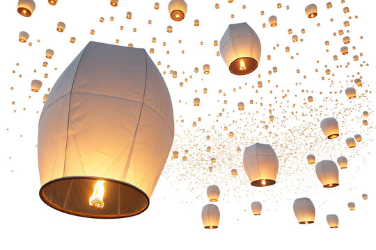 Floating sky lanterns glowing in night sky, symbolizing wishes on AI generated by PNG - Powered by Adobe