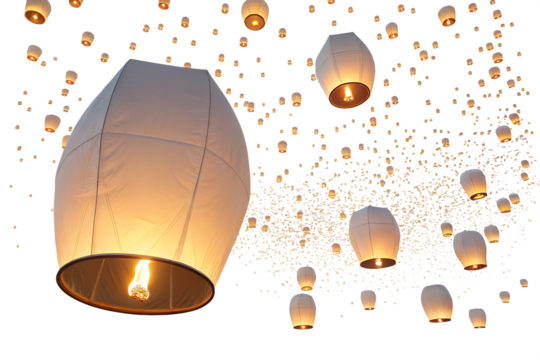 Floating sky lanterns glowing in night sky, symbolizing wishes on AI generated by PNG