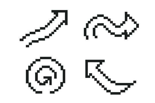 Pixel arrow collection for retro gaming design. 8-bit graphic interface elements. Directional pointers, up, down, curved, and circular symbols. Isolated vector icon set.