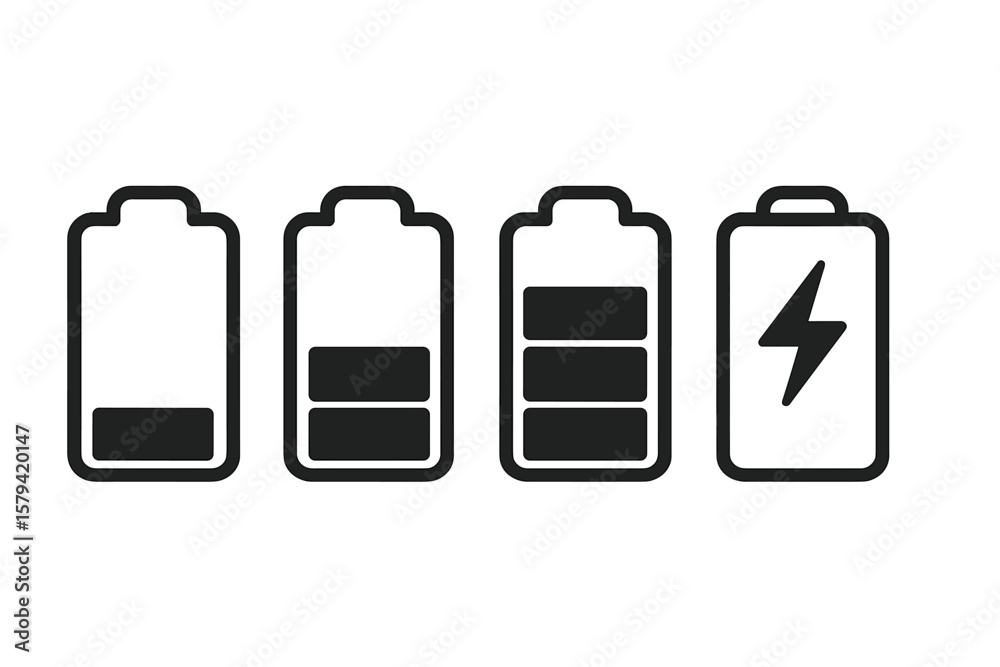 Poster battery charge level indicator icons set. low and full energy status symbol for mobile app and web u
