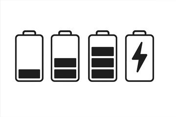Battery charge level indicator icons set. Mobile phone interface symbol. Full, low power energy status. Charging accumulator sign. UI, UX web element. Vector graphic design.
