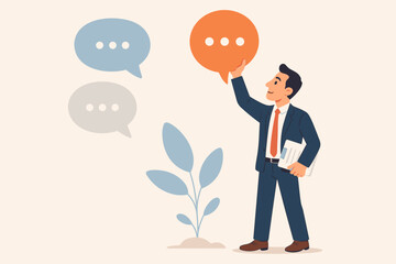 Businessman selecting speech bubble, effective communication, client feedback, requirement gathering, meeting summary, customer opinion, conversation, corporate discussion concept