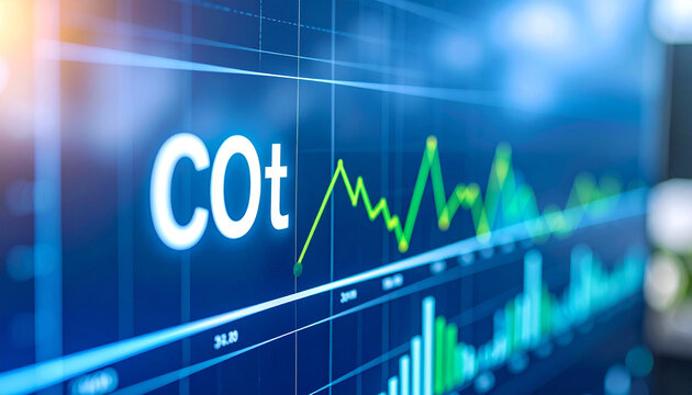 COT Trend Upward: A close-up shot of a stock market screen displaying "COT" with an upward trending green line graph, indicating positive market momentum and investment opportunities.