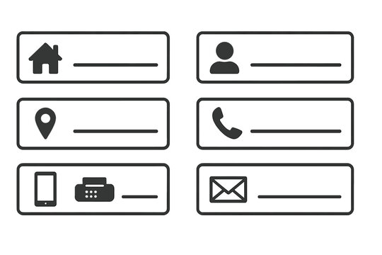 Contact us icon set for business card and website. Communication symbols for address, phone, email, location. Vector graphic element for user interface design contact form.