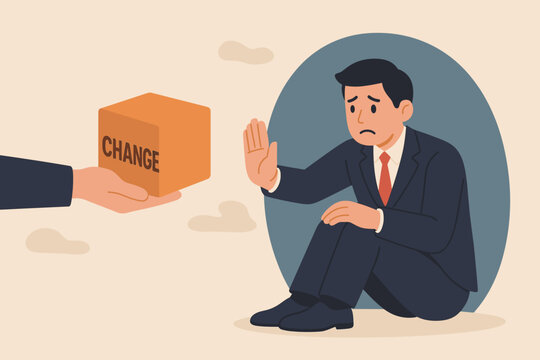 Status quo bias, fear of change, refusal to leave comfort zone, conservative thinking, risk aversion, resisting decision making, businessman rejecting change concept