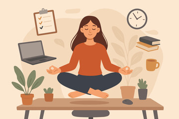 Employee wellbeing, comfortable work, project management, relax workplace, balance, productivity, office woman mindfulness meditating, work life balance.