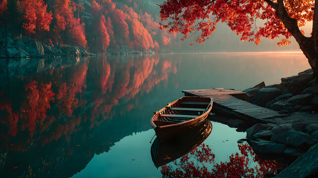 Wooden Rowboat Docked Beside a Pier on a Calm Mountain Lake with Autumn Foliage