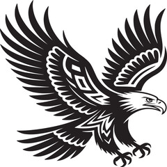 Detailed black and white vector illustration of an eagle in flight with tribal wing patterns
