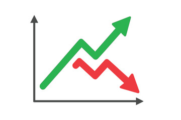 Financial Growth and Decline Chart. Green Up Arrow and Red Down Arrow Symbolizing Business Success and Loss, Market Trends, Sales Performance, Economic Fluctuations. Vector Illustration