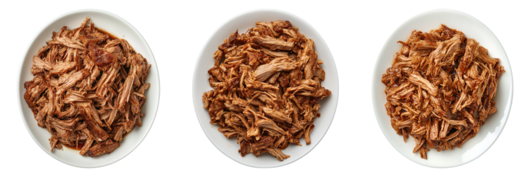 Set of BBQ pulled pork meat on white plate isolated on transparent background
