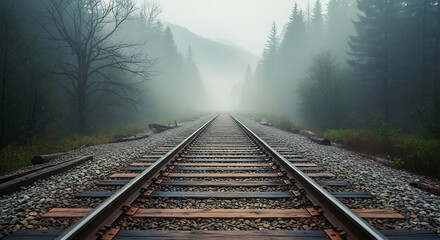 Long Train Tracks Disappearing into a Forested Valley