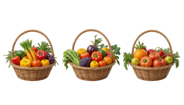 Three wicker baskets filled with fresh produce, including fruits and vegetables, are displayed isolated on transparent background