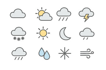 Weather Icon Set with Simple Line Icons Featuring Clouds, Rain, Storm, Snow, Sun, Moon, and More – Colorful Weather Forecast Symbols for App UI and Website Design, Transparent Vector