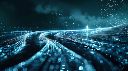 a crowded stream of digital data flowing like a river, with one still, silent space shaped like a person, untouched, glowing faintly, symbolizing loneliness among movement