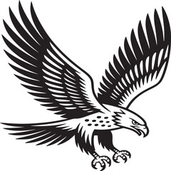 Illustration of a black and white eagle with wings spread preparing to land on its talons down
