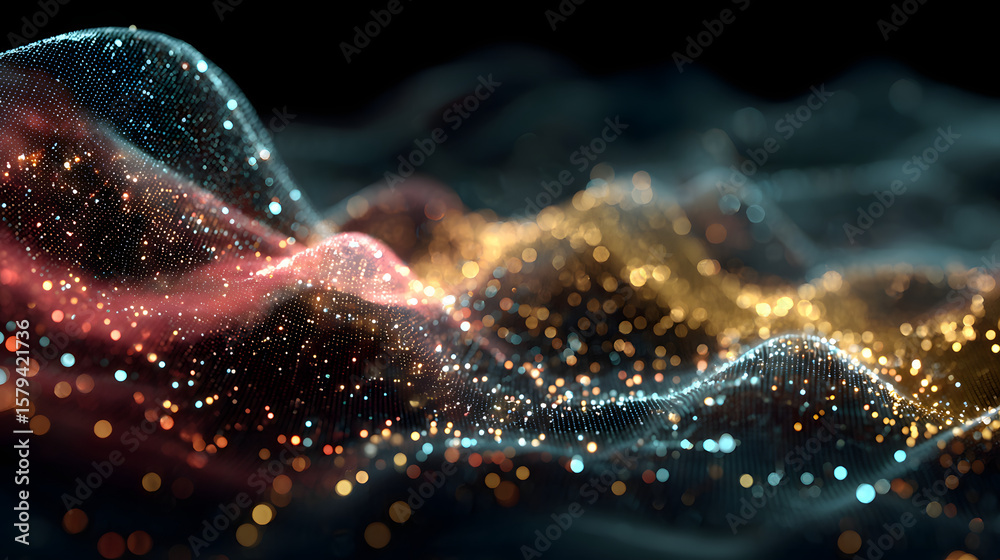 Poster big data visualization. musical stream of sounds. abstract background with interweaving of dots. sci