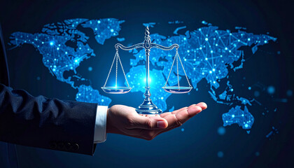 Justice in Hand: A balanced scale of justice, symbolizes fairness and law, cradled gently in a professional hand. A digital network of the globe underlines the interconnectedness of justice.