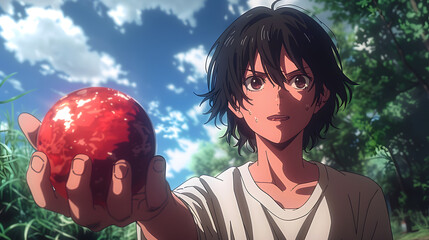 Young boy with black hair dressed in a white shirt holding a vibrant red object, capturing curiosity, innocence, and focused attention in a clean, simple setting.

