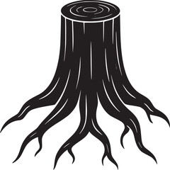 A black and white graphic illustration of a tree stump with exposed roots on a white background