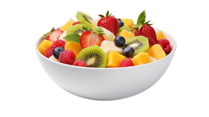 A colorful bowl of mixed fruit salad with fresh strawberries, kiwi, and blueberries creates a healthy delight.