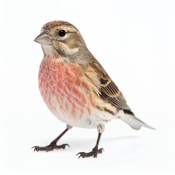 Isolated linnet portrait, captivating crimson chest, intricate feather details on white background