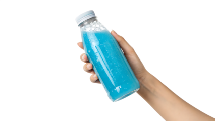 Female hand holding bottle with blue splash, summer-themed, isolated on a white background PNG. AI GENERATED.
