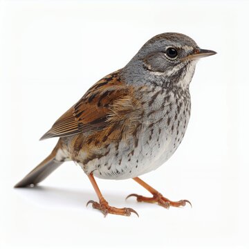 Detailed closeup of a dunnock revealing intricate plumage patterns on white background