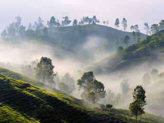 Fototapeta premium Tea plantation hills in the morning mist