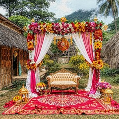 Fototapeta premium Romantic Outdoor Wedding Ceremony with Floral Arch and Drapes