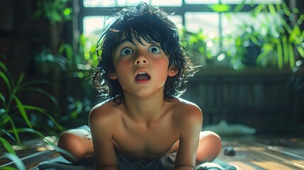 Young boy sitting on a wooden floor with a surprised expression, capturing a moment of wonder, curiosity, and innocence in a warm, natural indoor setting.

