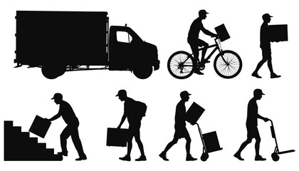 A collection of black vector silhouettes showcasing people in various situations, including business, shopping, and everyday activities