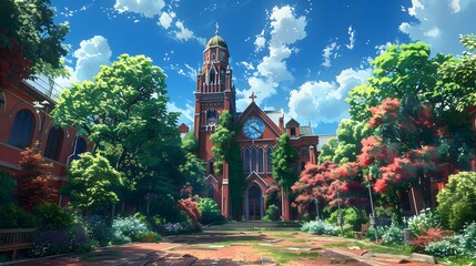 Architectural masterpiece featuring a clock tower combined with anime-inspired bell tower elements, showcasing unique design blending traditional craftsmanship with vibrant, imaginative, and artistic 