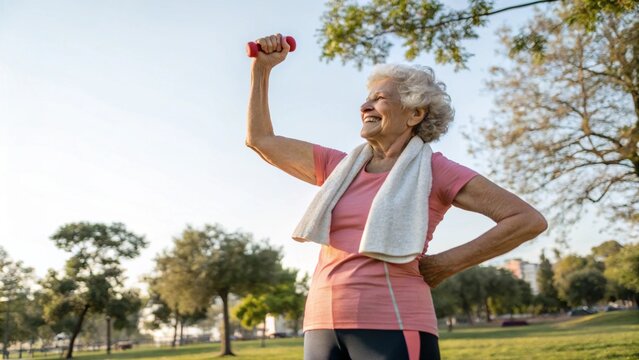 Elderly woman celebrates her fitness achievements by flaunting her bicep outdoors
- Powered by Adobe