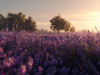 Obraz premium Lavender field at sunset with soft warm light