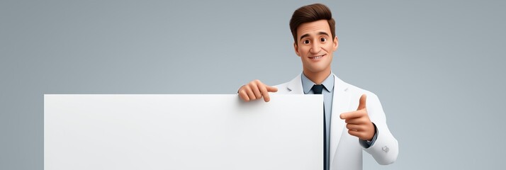 Cheerful young caucasian male doctor with blank poster for medical advertisement