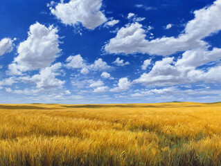 Obraz premium Rolling fields of golden wheat under blue sky