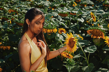 Beautiful woman wearing elegant dress touching sunflower in cultivated field