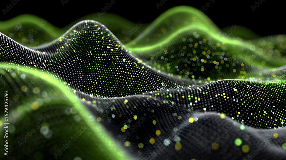 Poster rendering 3d wave dynamic background dots green futuristic flow technology abstract datum innovation