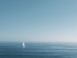 Fototapeta premium Lone sailboat in vast open ocean, minimal aesthetic
