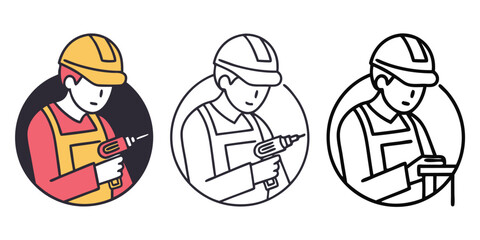 Worker with tool and construction equipment drill hard hat