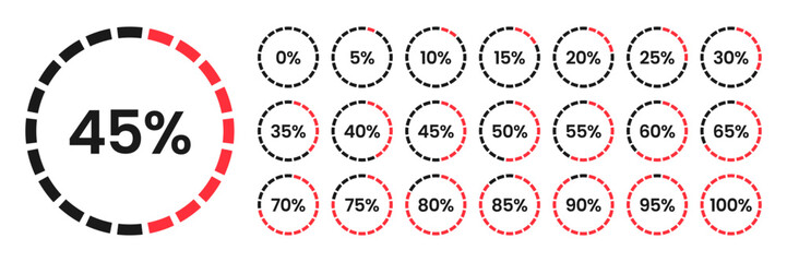 Set of round percentage diagrams with a scale from 0 to 100 percent. Pie chart of percentages for infographic and UI. Progress, download, and upload, percentage meter with scale from 0 to 100. Vector